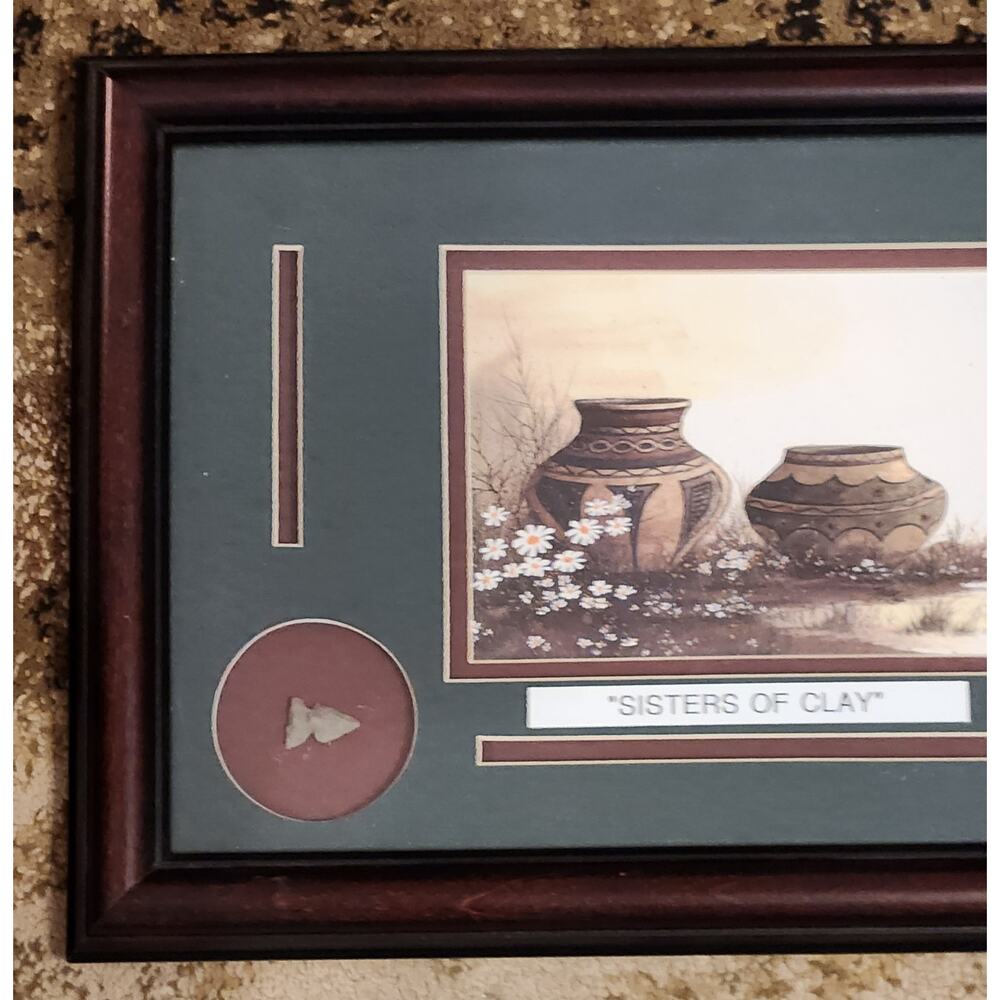 Native American Painting and Real Arrow Head Matted and Framed SISTERS OF CLAY - Picture 2 of 6